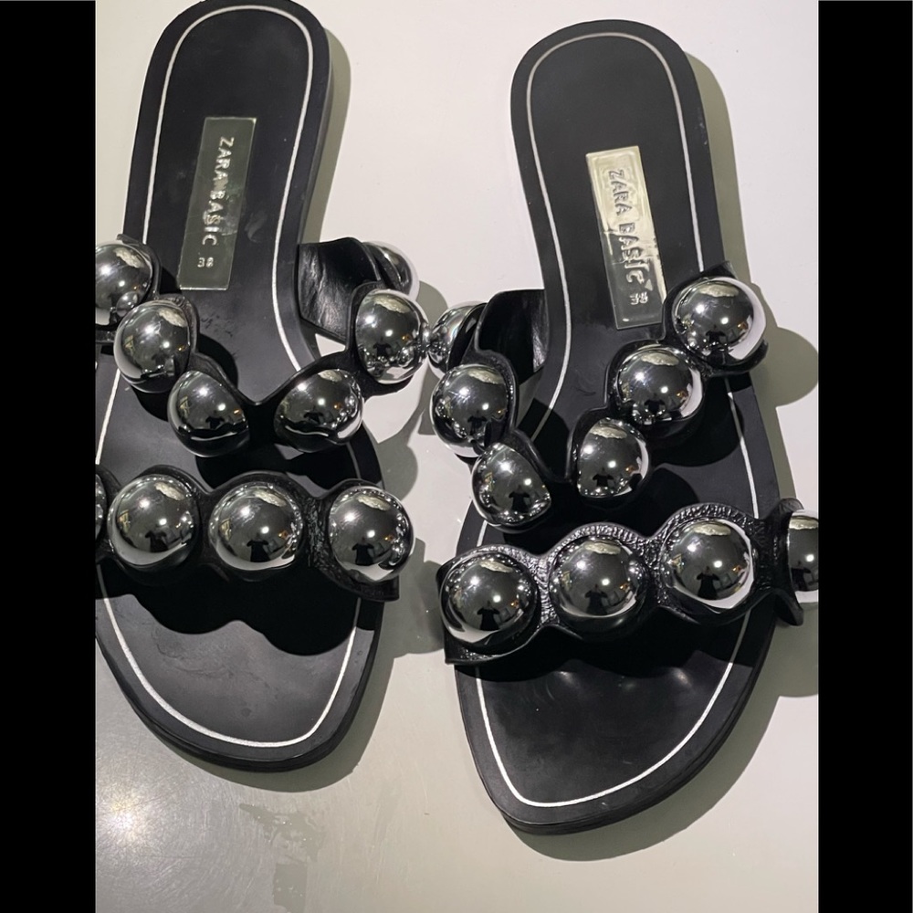 Zara Black Beaded Slide Sandals